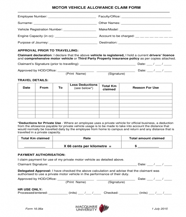 motor vehicle allowance claim form template