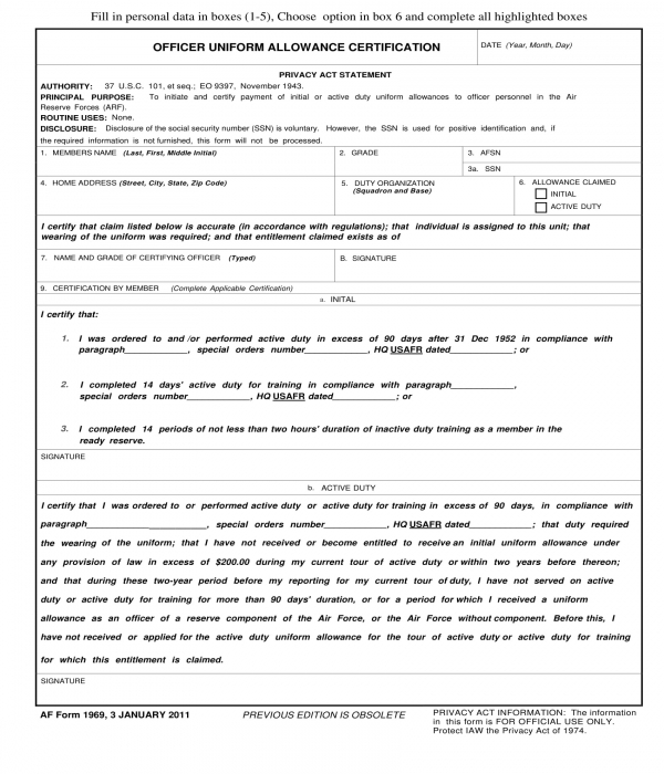 officer uniform allowance certification form template
