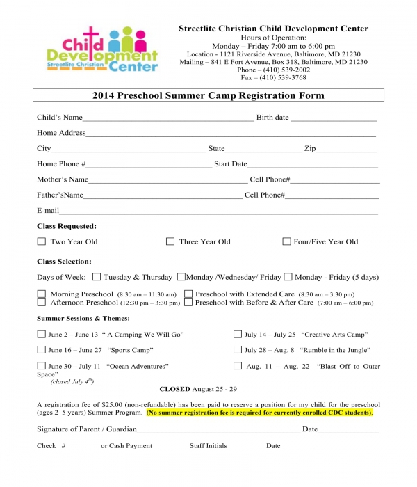 Free Printable Summer Camp Registration Forms Printable Templates