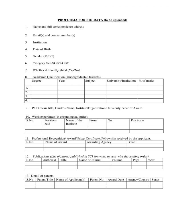 proforma bio data form