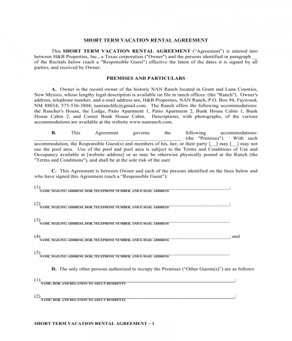 short term vacation rental agreement form