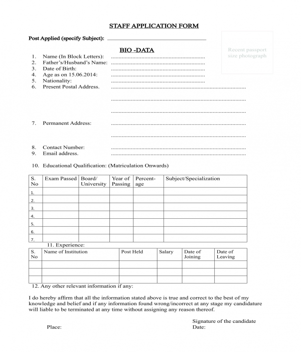 staff application bio data form