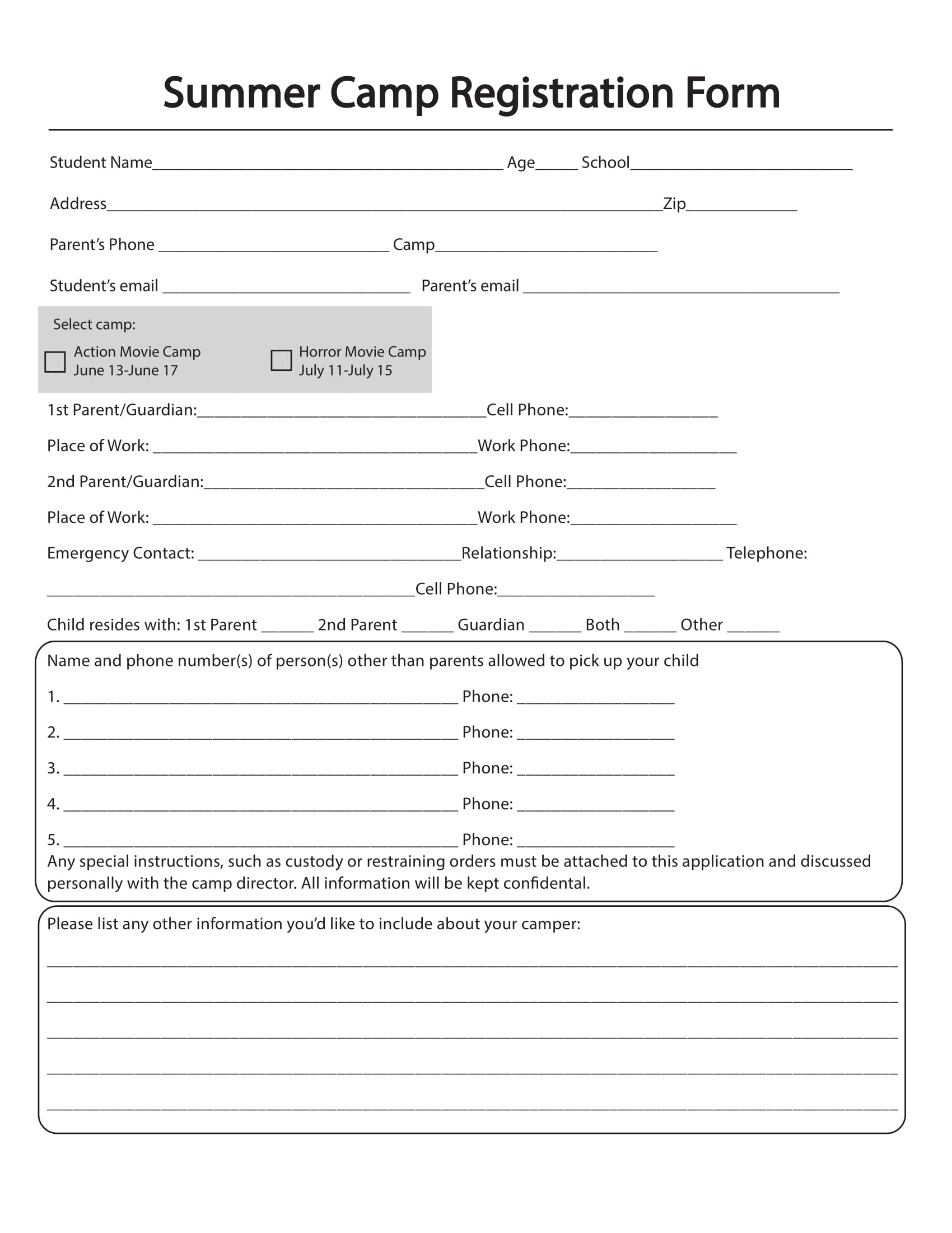 Camp Registration Form Template Word