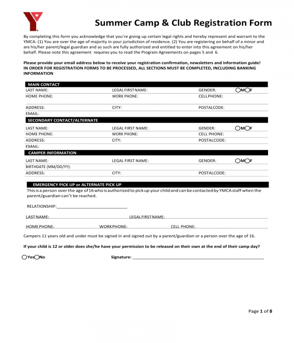 summer camp and club registration form