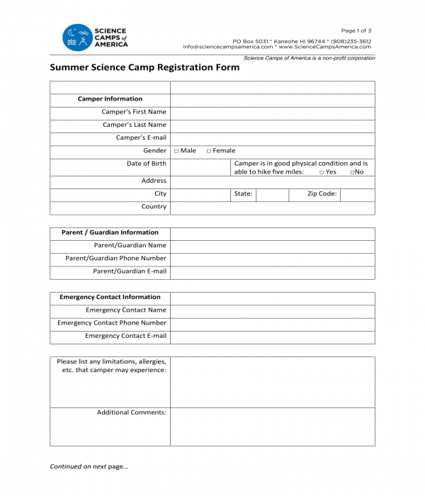 summer science camp registration form