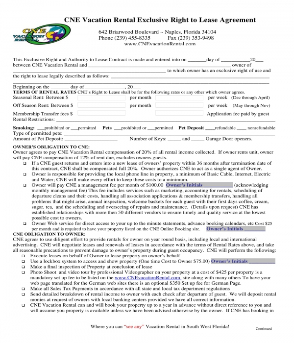 vacation rental exclusive right to lease agreement form