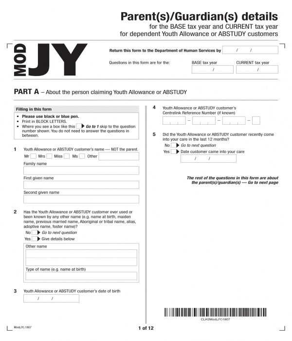 youth allowance parent guardian details form