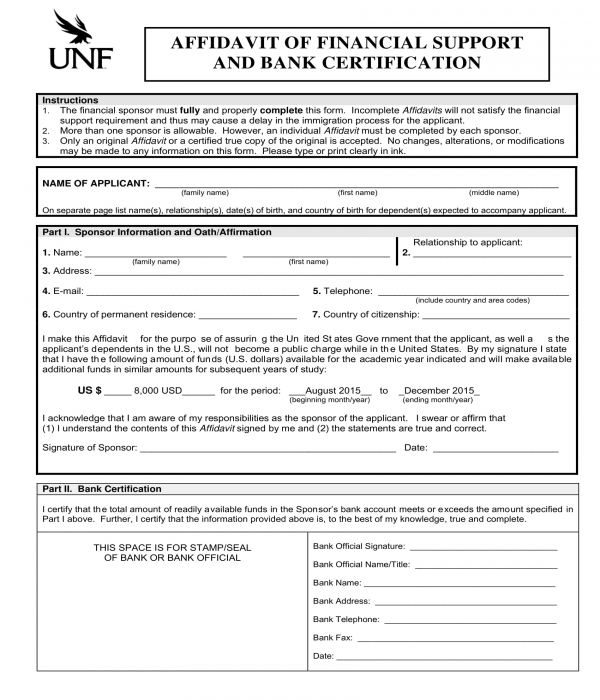 affidavit of financial support bank certification form