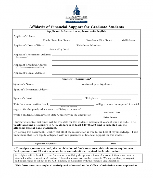 affidavit of financial support for graduate students form