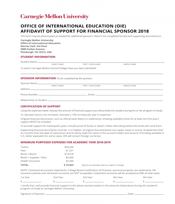 affidavit of support for financial sponsor form