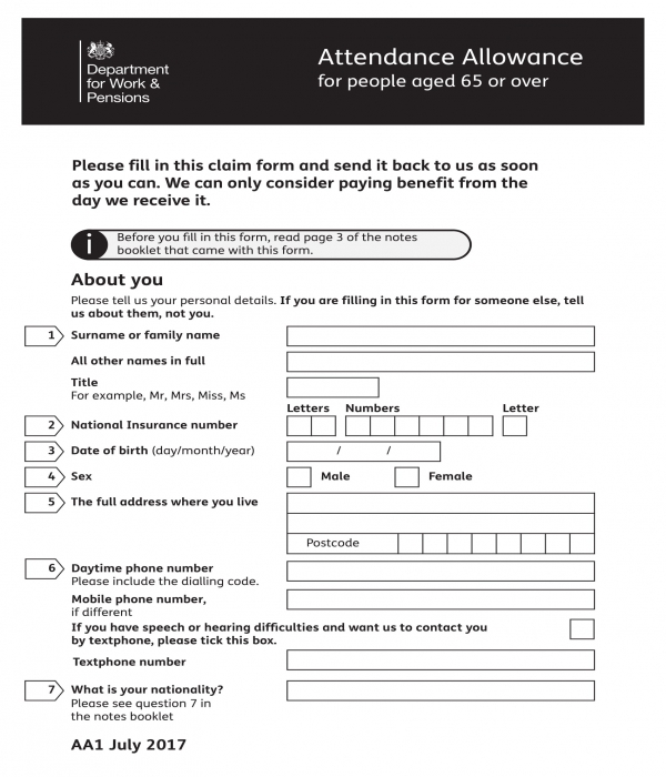 attendance allowance form sample