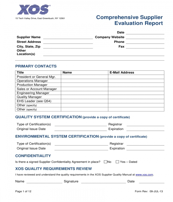 comprehensive supplier evaluation report form