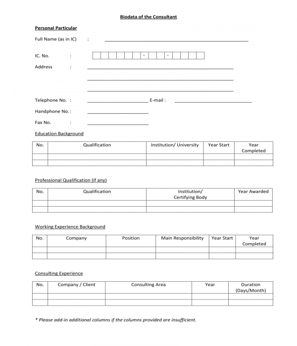 consultant bio data form in pdf