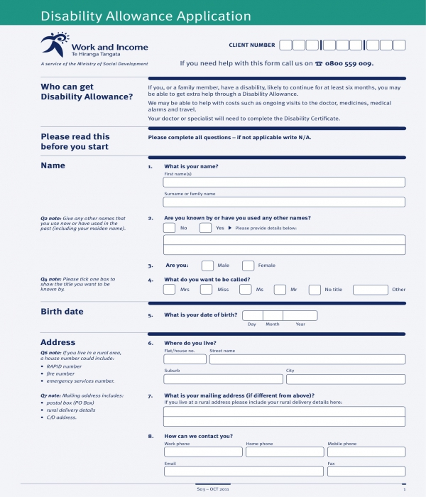 Disability Allowance Application Form 