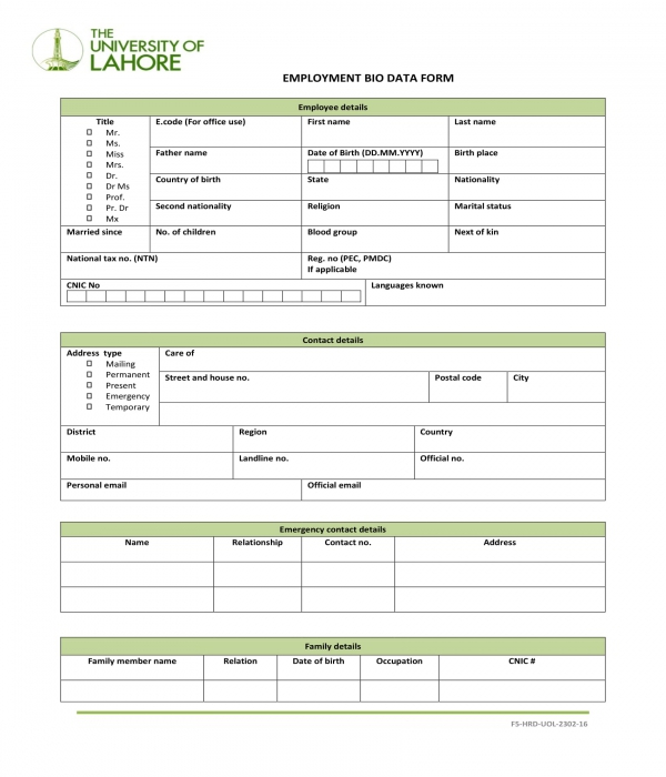 Free 7 Employee Bio Data Forms In Pdf Ms Word