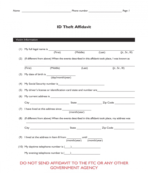 identity theft affidavit form sample