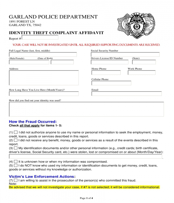 identity theft complaint affidavit form