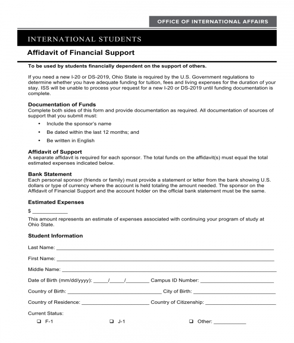 international students affidavit of financial support form