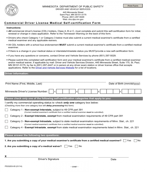 license medical self certification form