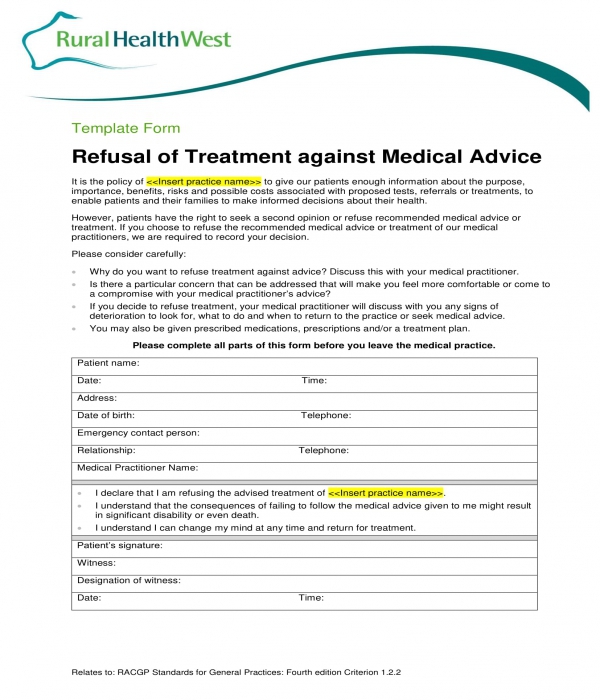 refusal of treatment against medical advice form
