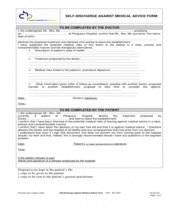self discharge against medical advice form