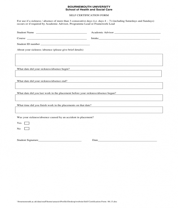student self certification form