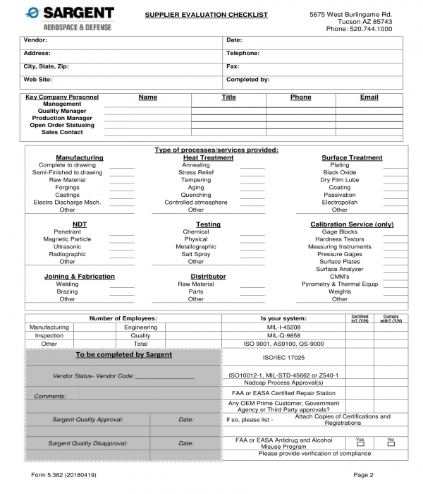 supplier evaluation checklist form