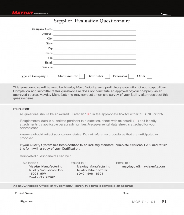 supplier evaluation questionnaire form