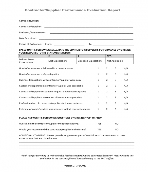 supplier performance evaluation report form