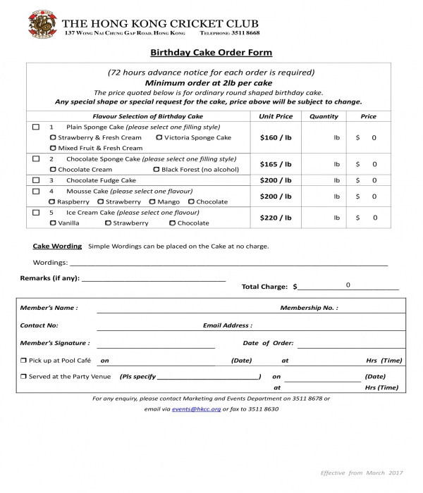 birthday cake order form in doc