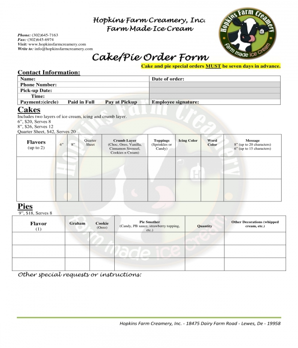 cake pie order form in doc
