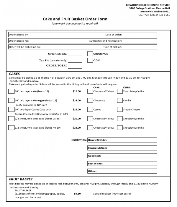 cake and fruit basket order form in doc