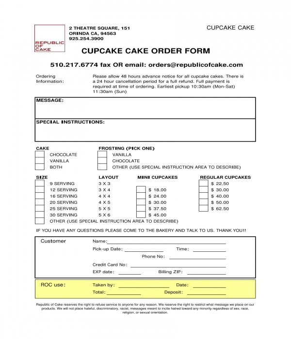 cupcake cake order form in doc