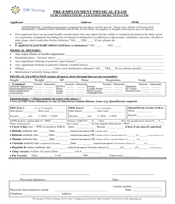 Free 3 Generic Pre Employment Physical Forms In Pdf 1819