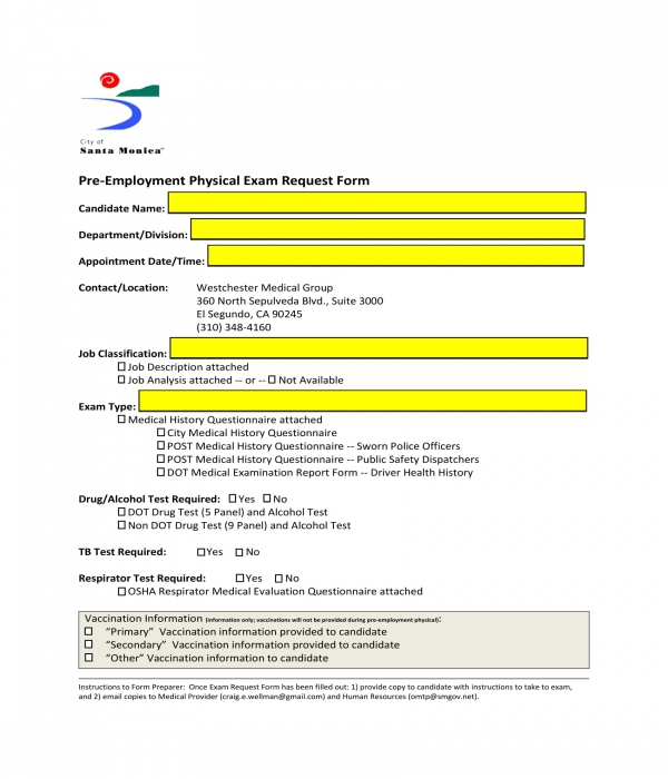 pre employment physical exam request form