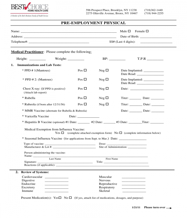 FREE 3+ Generic Pre Employment Physical Forms in PDF