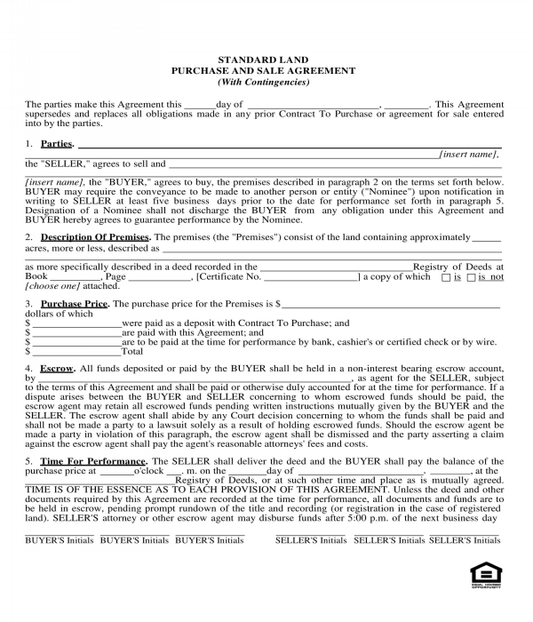 standard land purchase sale agreement form