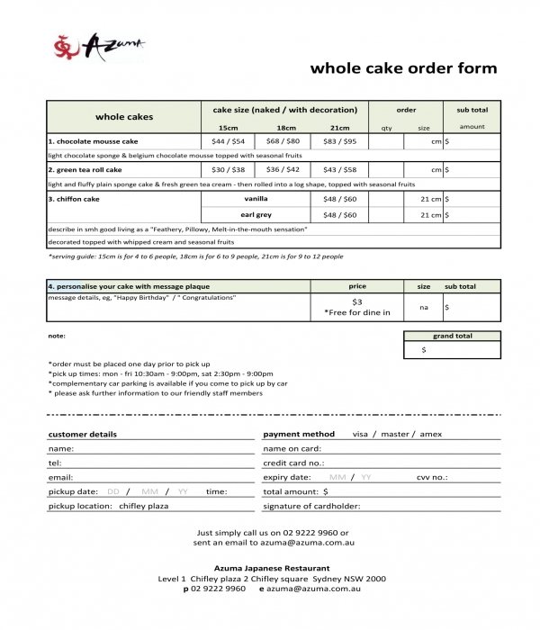 whole cake order form in doc