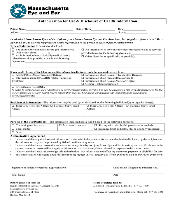 authorization for use and disclosure