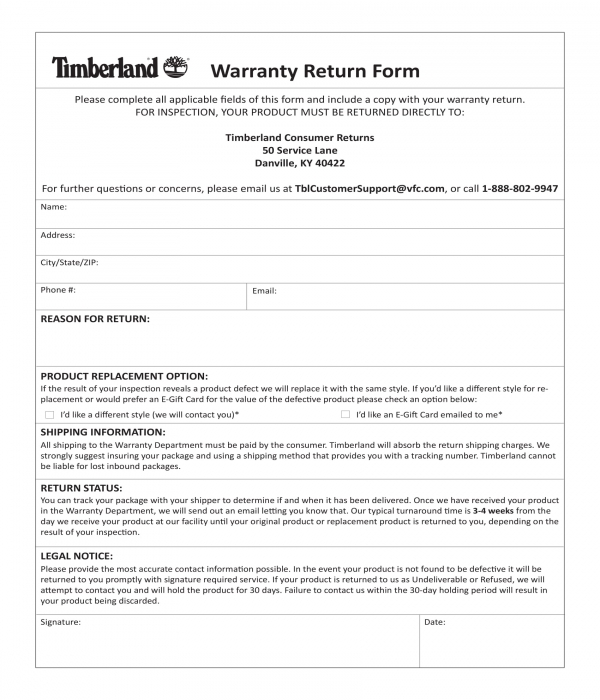 warranty return form template