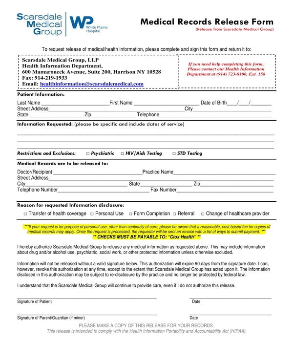 medical records release form outside practice