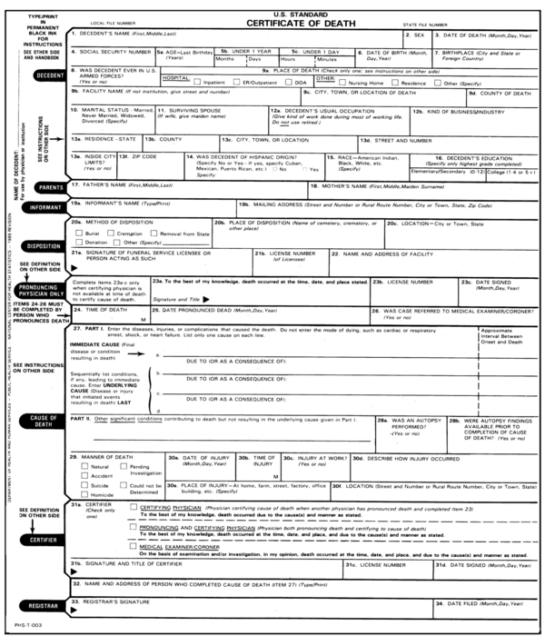 standard death certificate form