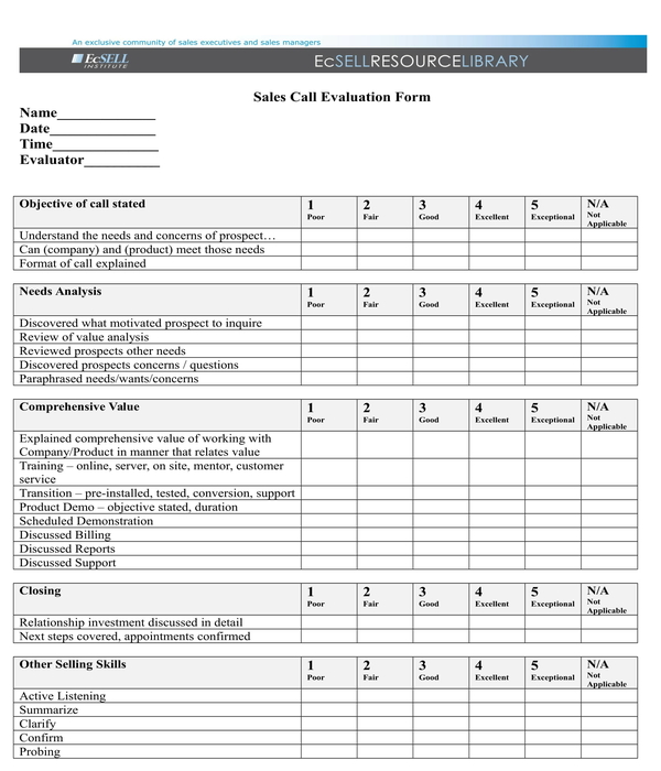 best practice sales call evaluation form