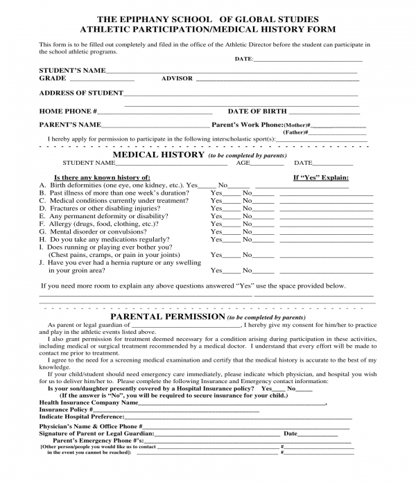 athletic participation medical history form
