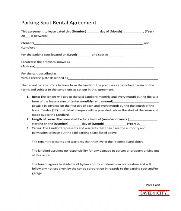parking spot rental agreement form