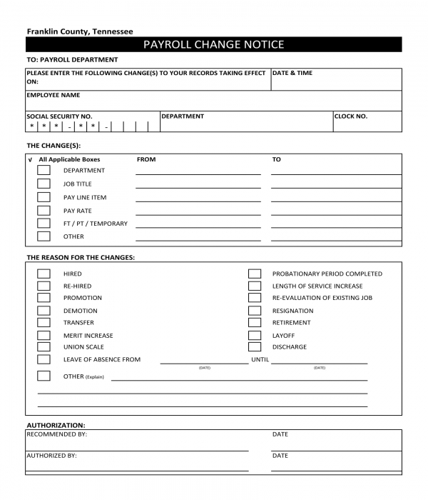 payroll department change notice form