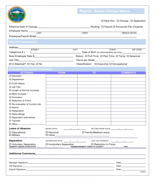 FREE 3+ Payroll Change Notice Forms in PDF