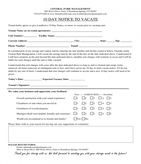 10 day storage notice to vacate form