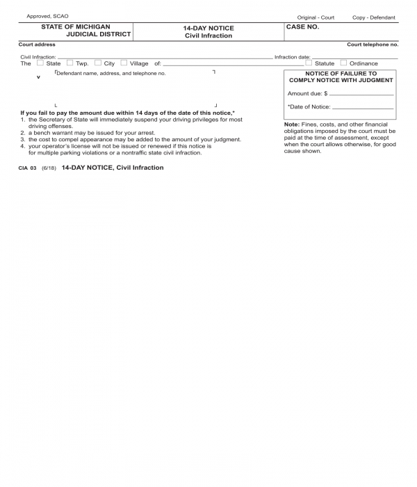 14 day notice civil infraction form