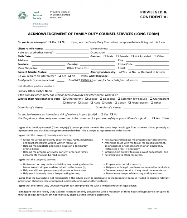 acknowledgment of family duty counsel services form